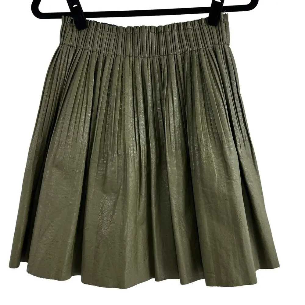 Anthropologie Faux Leather Olive Green Pleated Mini Skirt Women XS Indie Preppy
